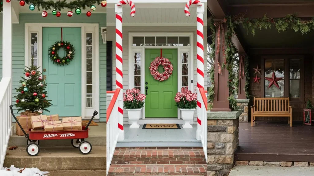 Porches navideños festivos en rojo y verde con coronas DIY, árboles y decoraciones alegres.