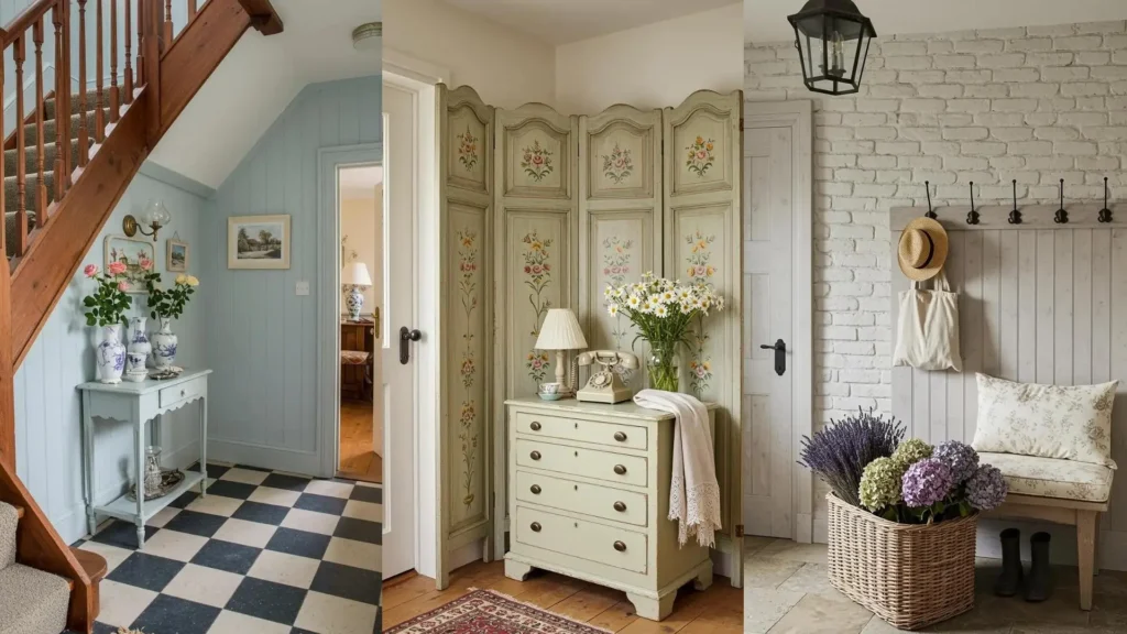 Tres recibidores cottage con flores frescas, detalles delicados y tonos suaves, ideales para una entrada acogedora y con estilo.