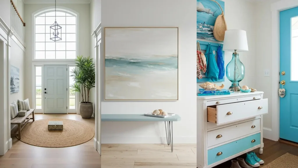 Recibidor de aire costero con puerta azul claro, conchas y detalles blancos. Un espacio elegante y acogedor.