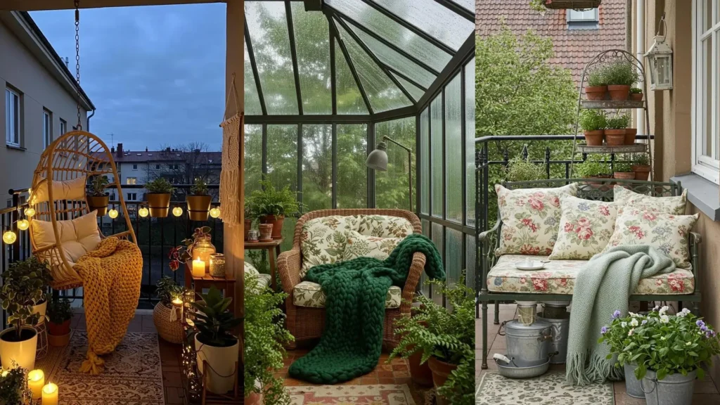 Balcones acogedores con cojines XL y mantas de lana suave sobre asientos cómodos, decorados con luces y plantas.