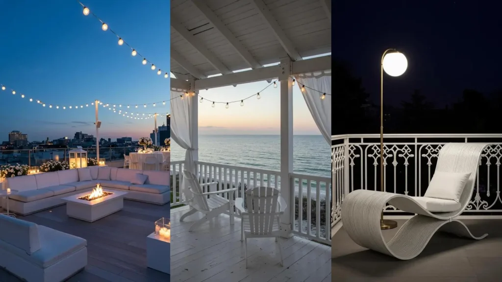 Balcón romántico en blanco total con luces suaves, creando un ambiente exterior acogedor y elegante al atardecer.