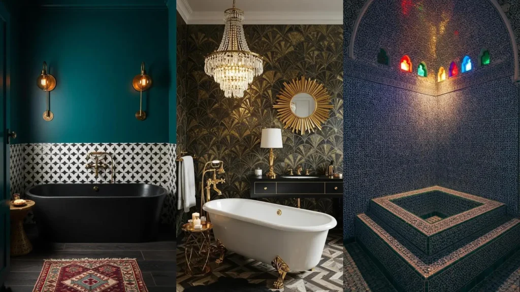 Impresionante baño marroquí con azulejos geométricos intrincados y arcos que filtran una luz cálida y colorida.