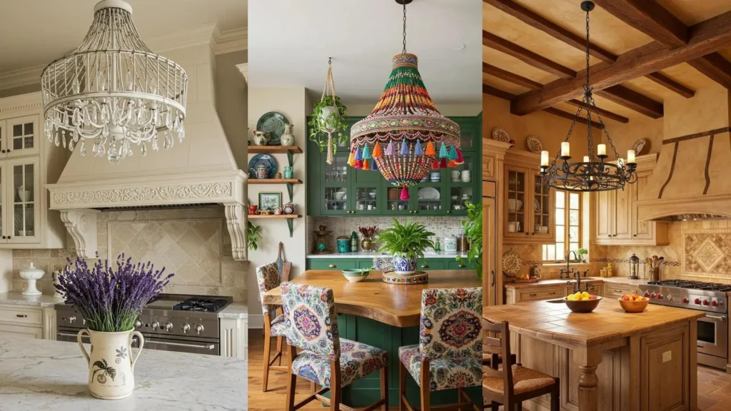 Impresionantes cocinas con lámparas colgantes grandes que destacan: una clásica, otra boho colorida y una rústica.