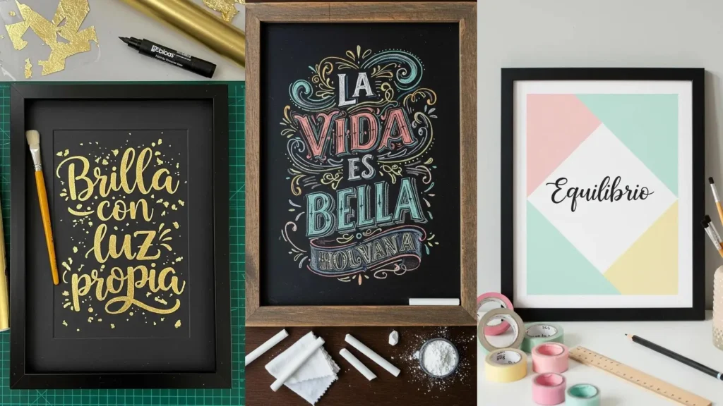 Cuadros DIY con frases caligrafiadas a mano y materiales de artesanía. Incluye una pizarra con 'La vida es bella'.