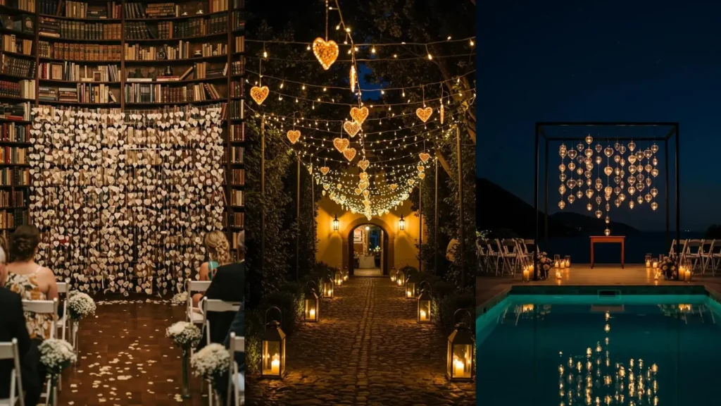 Decoraciones de bodas íntimas con luces de corazones colgantes. Escenas románticas en un sendero, librería y junto al mar.