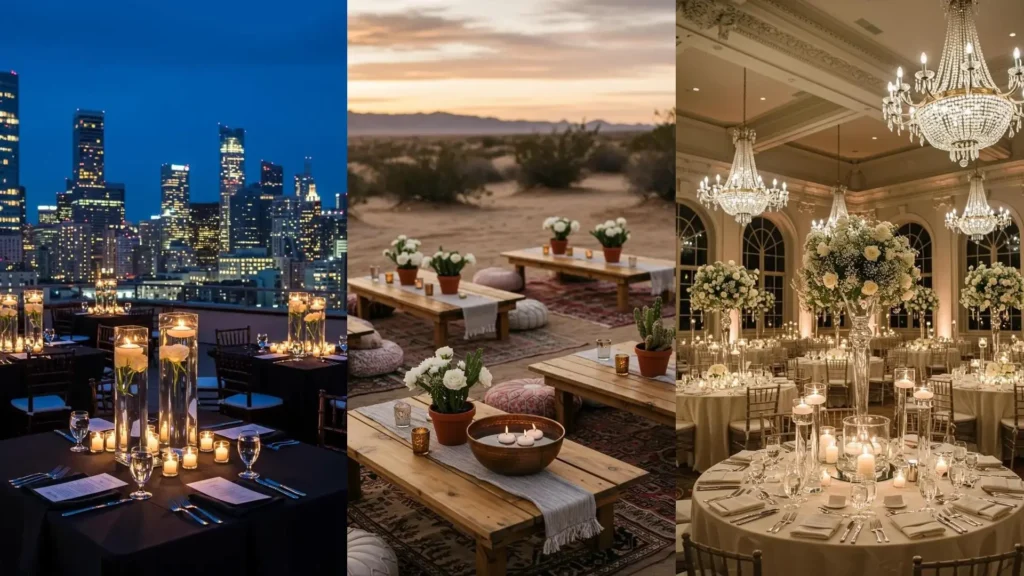 Decoración de mesas románticas con rosas blancas y velas flotantes, creando un ambiente mágico para bodas.