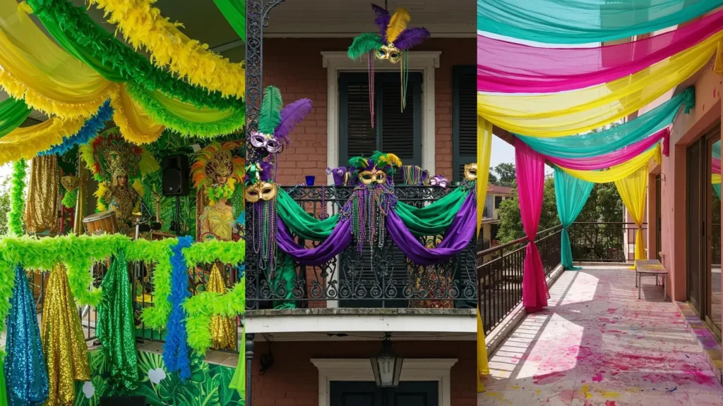 Balcones decorados festivamente con una variedad de telas de colores vibrantes, incluyendo verde, morado, rosa y amarillo.