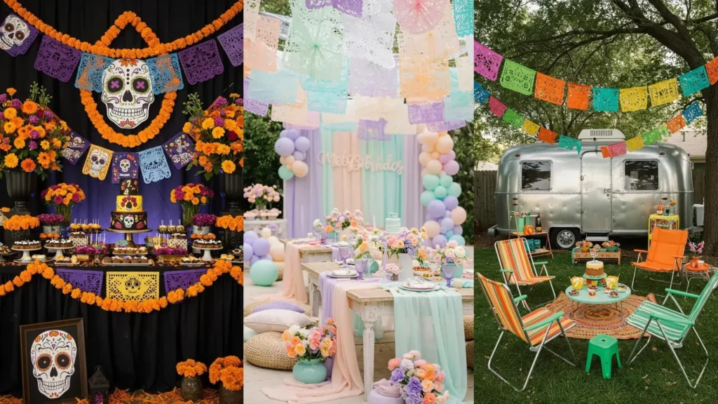 Decoración de cumpleaños mexicana con vibrante papel picado, calaveras y cempasúchil adornando una mesa festiva de dulces.