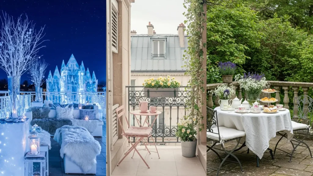 Decoraciones de terraza que evolucionan: de un ambiente invernal helado a una elegante mesa de té veraniega.