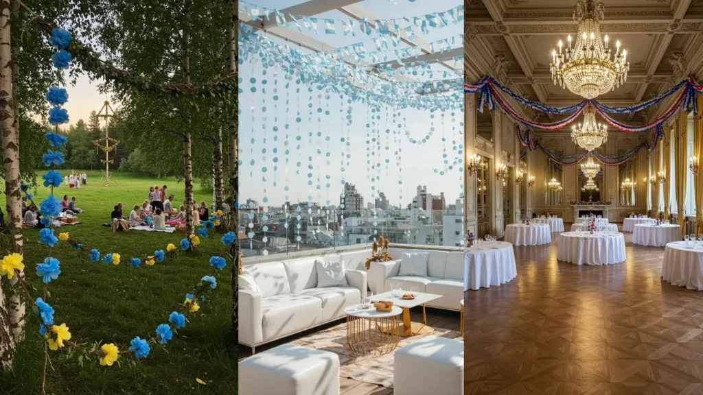 Escenas festivas con guirnaldas de papel en colores patrios, adornando desde jardines hasta salones elegantes.