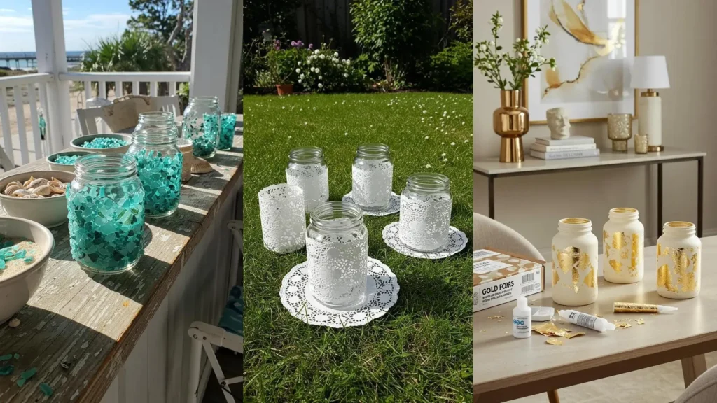 Frascos decorados creativos para portavelas románticos DIY: vidrio de mar, encaje y pan de oro.