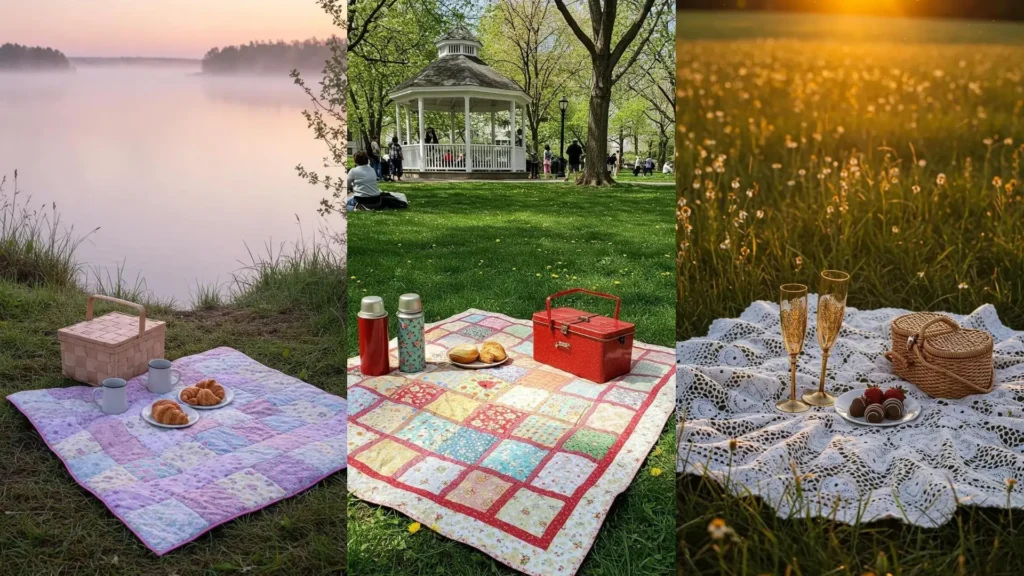 Picnic primaveral con mantas de colores y cestas vintage en la naturaleza. Ideas inspiradoras para disfrutar al aire libre.