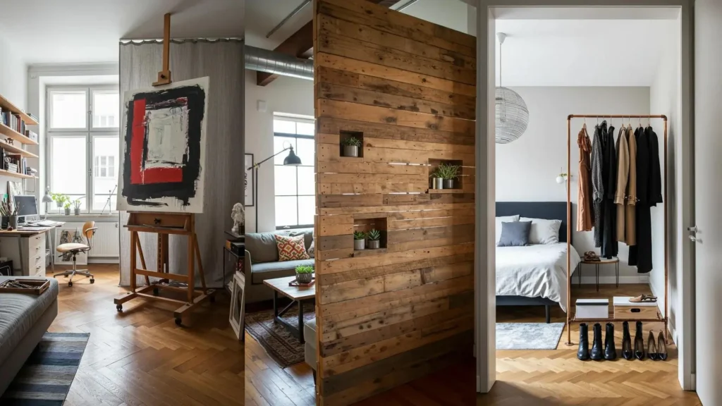 Variedad de separadores de ambientes ingeniosos para optimizar espacios pequeños: un biombo de madera, caballete con arte, perchero.