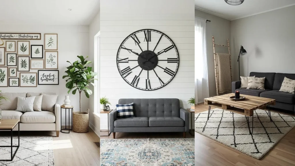 Ideas de salas de estar estilo farmhouse moderno DIY con decoración rústica, sofá, reloj y mesa de palets.