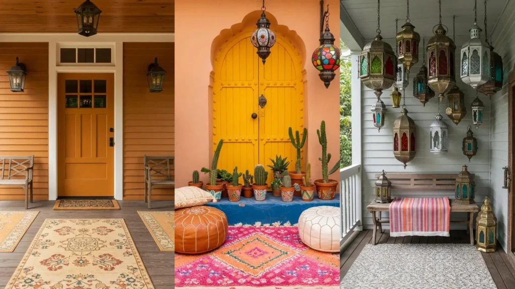 Porches con decoración marroquí, faroles, alfombras de colores y cojines en tonos cálidos.
