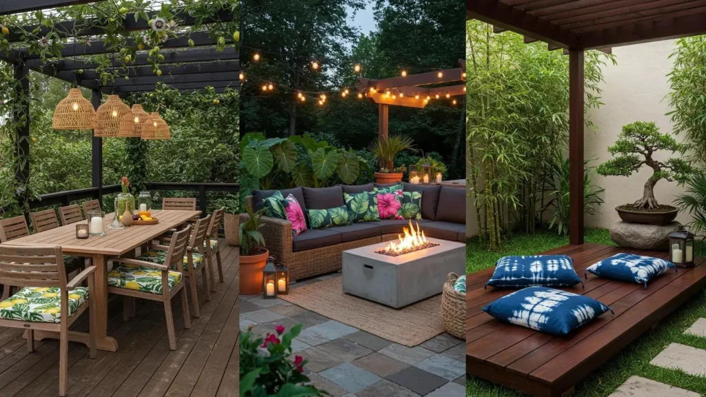 Patios tropicales decorados con plantas exóticas y cojines estampados en áreas de comedor y lounge al aire libre.