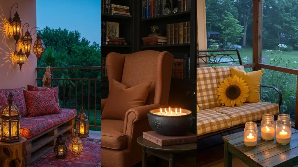 Tres rincones acogedores con cojines tejidos y velas iluminando ambientes cálidos y relajantes.