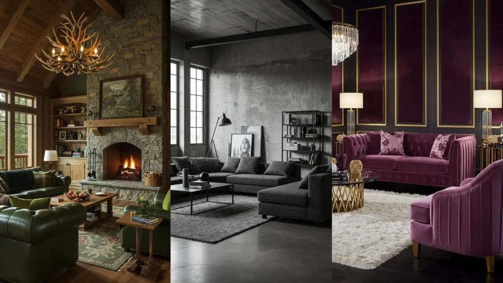 Salas de estar elegantes con diseño monocromático. Sofás verdes, grises y morados destacan en diferentes estilos.