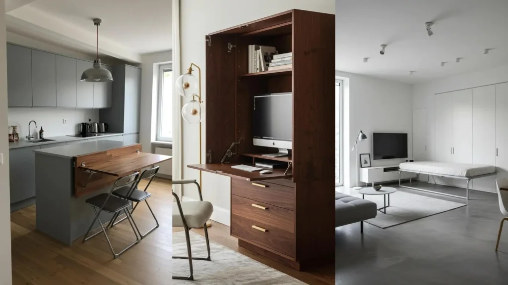 Estudios modernos con muebles plegables: una mesa de cocina, un escritorio oculto y una cama plegable optimizan el espacio.