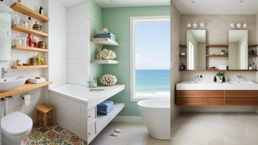 Baños estilo natural chic con estanterías flotantes de madera, decoración orgánica y vistas al mar.