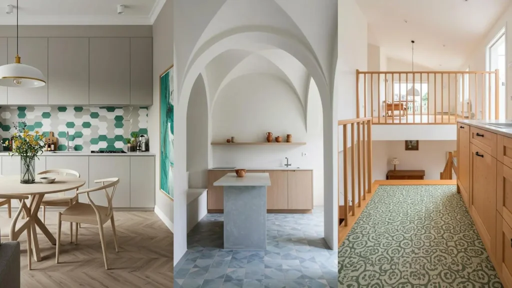 Colección de cocinas mediterráneas con baldosas geométricas y estampadas en verde y azul, junto a madera clara.