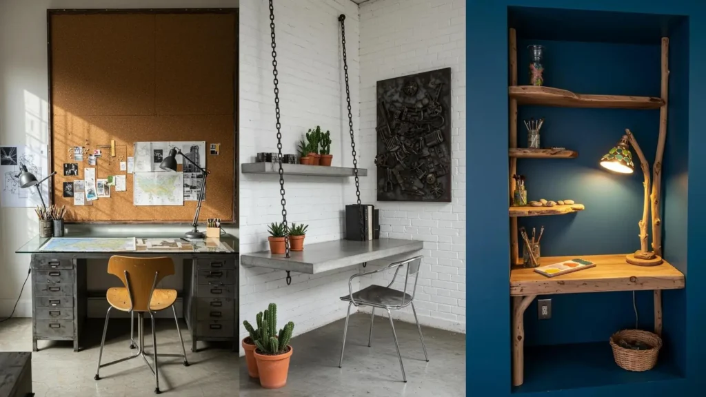 Rincones de arte reciclado: escritorios industriales de metal y concreto, estantes de madera natural y decoración con materiales encontrados.