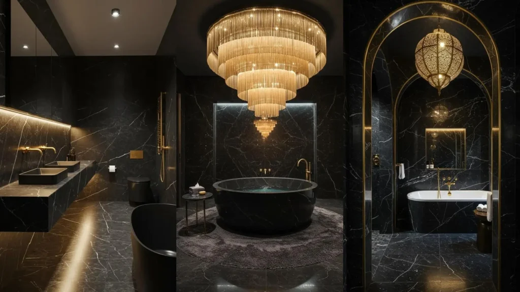 Elegante baño nocturno con mármol negro veteado y lujosos detalles dorados en grifos y lámparas.