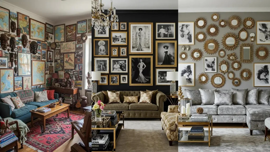 Ideas de decoración de sala de estar con cuadros y espejos alineados de piso a techo para un diseño impactante.