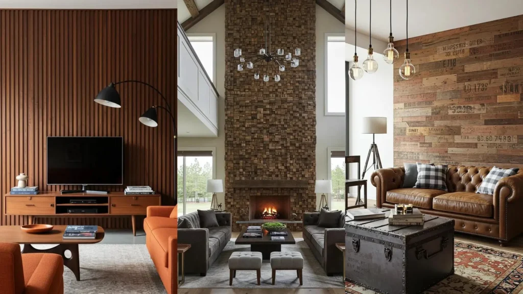 Varias ideas para decorar paredes de sala con madera reciclada, incluyendo paneles de listones, bloques y tablones rústicos.