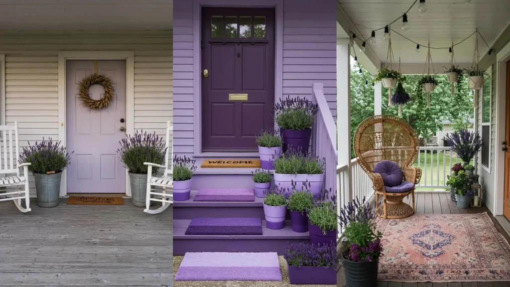 Porche encantador decorado con plantas de lavanda en macetas moradas, sillas mecedoras y una puerta de color lavanda.