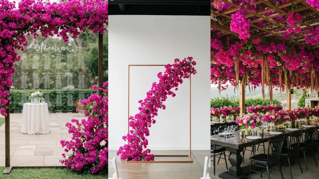 Bodas tropicales: Arreglos florales de bugambilias vibrantes, mesas decoradas y arcos coloridos para un evento inolvidable.