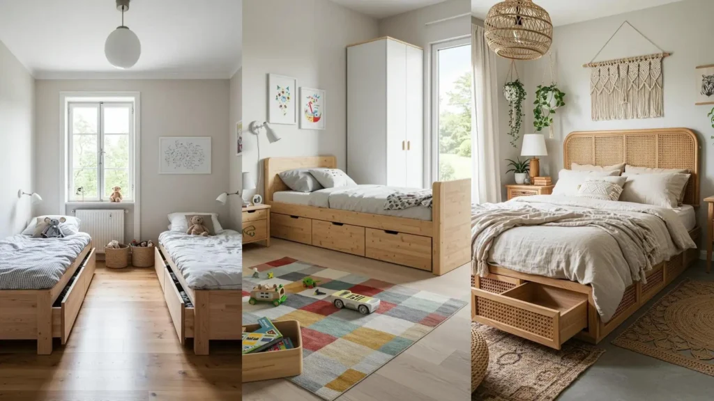 Imágenes de camas con cajones ocultos, perfectas para guardar y organizar el espacio sin desorden en habitaciones pequeñas.