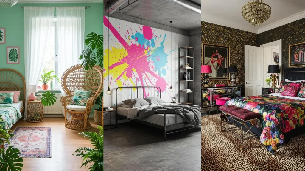 Dormitorios retro años 80 con colores vibrantes, salpicaduras de pintura, estampados florales y de leopardo, y muebles de mimbre.