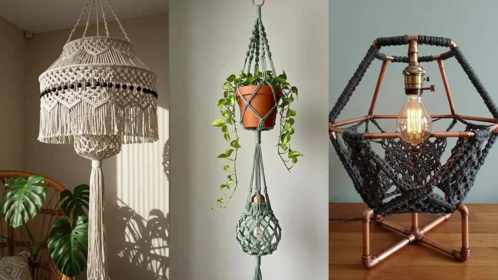 Varias ideas creativas de lámparas colgantes de macramé DIY, incluyendo un diseño blanco y otro con planta y luz.