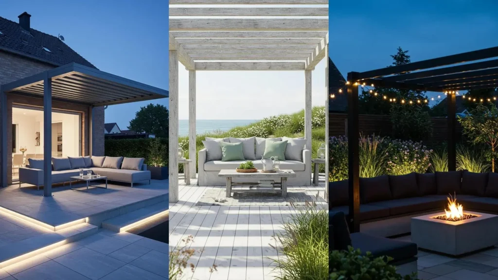 Pérgolas minimalistas y sofás grises en tres jardines modernos: uno con vista al mar, otro iluminado de noche, y un patio elegante.