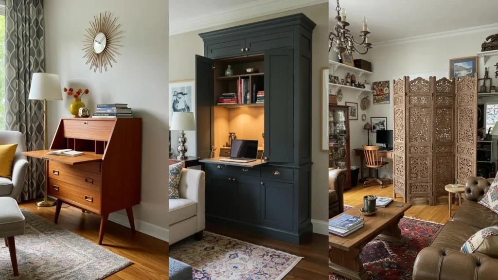 Ideas de escritorios integrados en salas de estar. Tres estilos que combinan funcionalidad y estética en el hogar moderno.