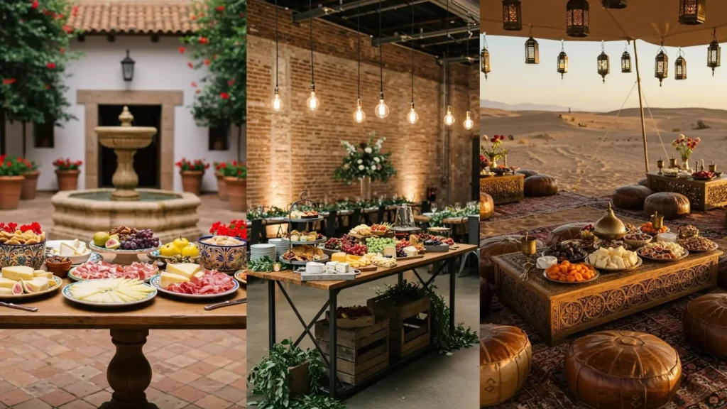 Buffets de queso y fruta para bodas elegantes, mostrando diversas presentaciones en ambientes de patio, salón y desierto.