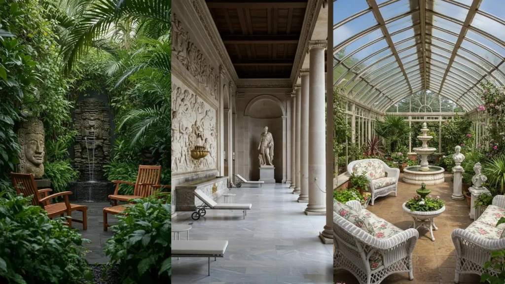 Patios elegantes con fuentes de agua esculpidas y estatuas clásicas en exuberantes jardines. Las 26 mejores ideas de diseño.