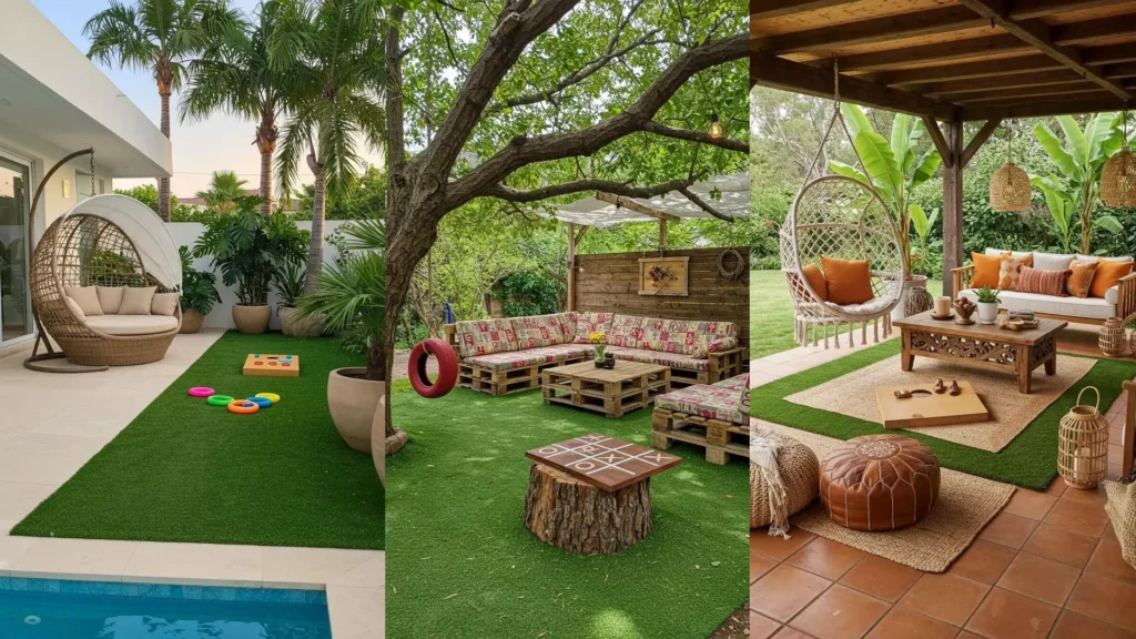 Patios familiares con césped artificial, columpios, y juegos divertidos para toda la familia.
