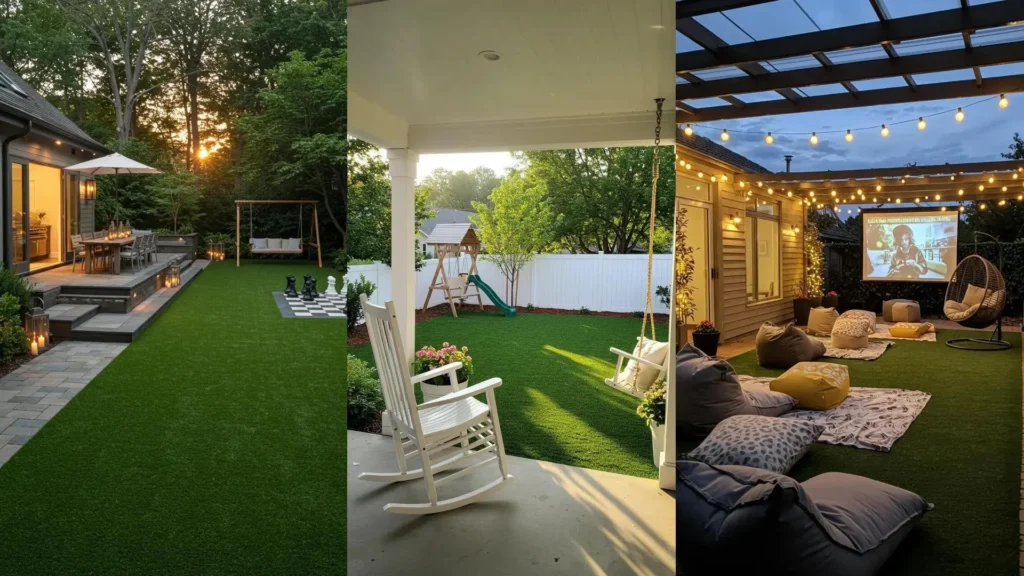 Patios familiares con césped artificial, columpios, juegos infantiles y un proyector exterior.
