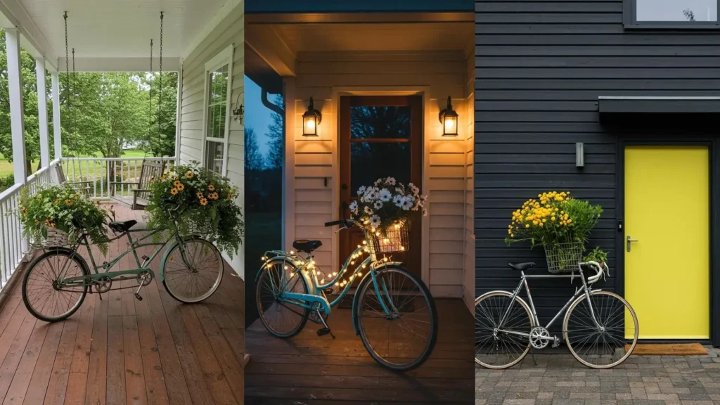 Bicicletas vintage y flores en porches, creando ambientes acogedores. Decoración exterior y bricolaje inspirador.
