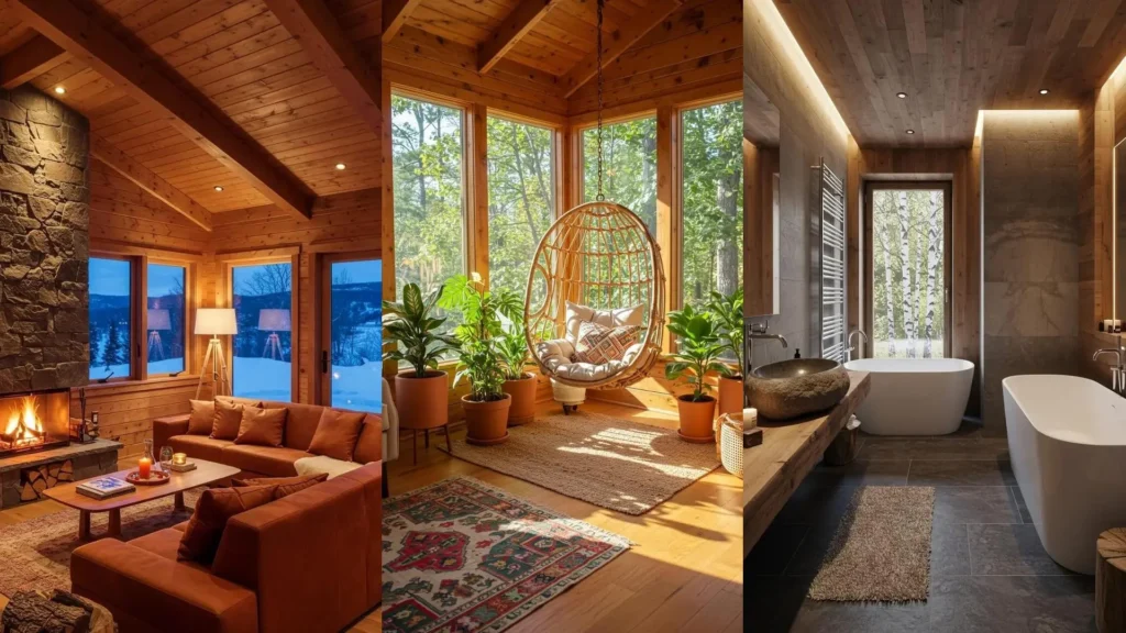 Cabaña acogedora con decoración alpina suiza, chimenea de piedra, maderas cálidas y baño moderno.