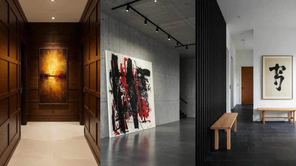 Diseños de entradas minimalistas con cuadros abstractos y elegancia moderna. Muestra arte contemporáneo que realza el estilo del hogar.