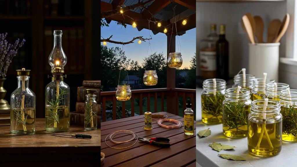 Frascos de vidrio convertidos en lámparas de aceite caseras con hierbas aromáticas, iluminando un porche al atardecer.