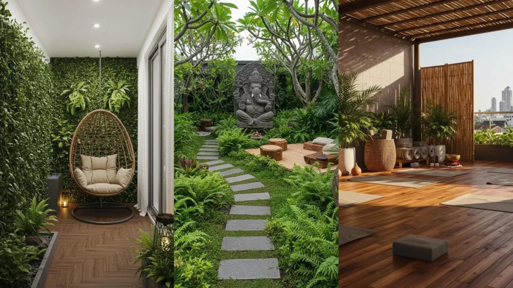 Terrazas urbanas estilo balinés con vegetación exuberante, estatua de Ganesha y espacio para yoga, evocando relax natural.