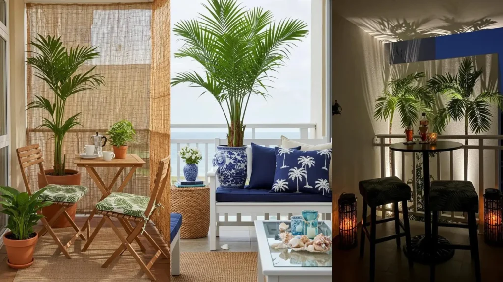 Tres balcones tropicales decorados con palmeras y cojines estampados, ideales para ambientes relajantes.