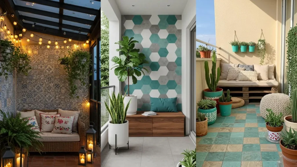 Tres balcones mediterráneos con azulejos estampados y geométricos, decorados con abundantes plantas verdes y cómodos asientos.