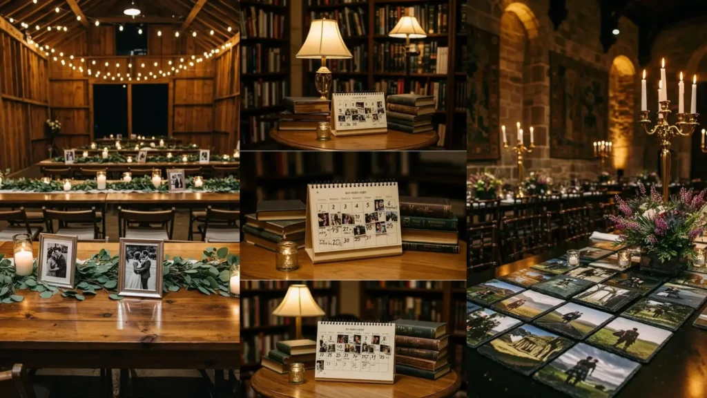 Decoraciones de boda con fotos de los novios en cada mesa. Marcos, velas y verde para un toque personal y romántico.