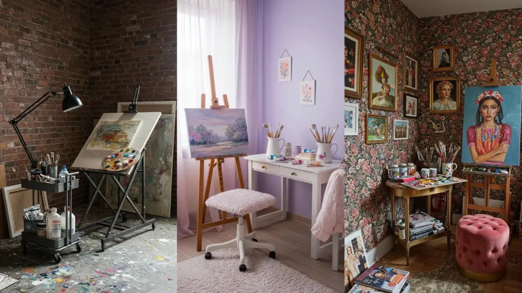 Inspiradores espacios para pintar en casa con decoración artística, pinceles al aire y un bello desorden creativo.