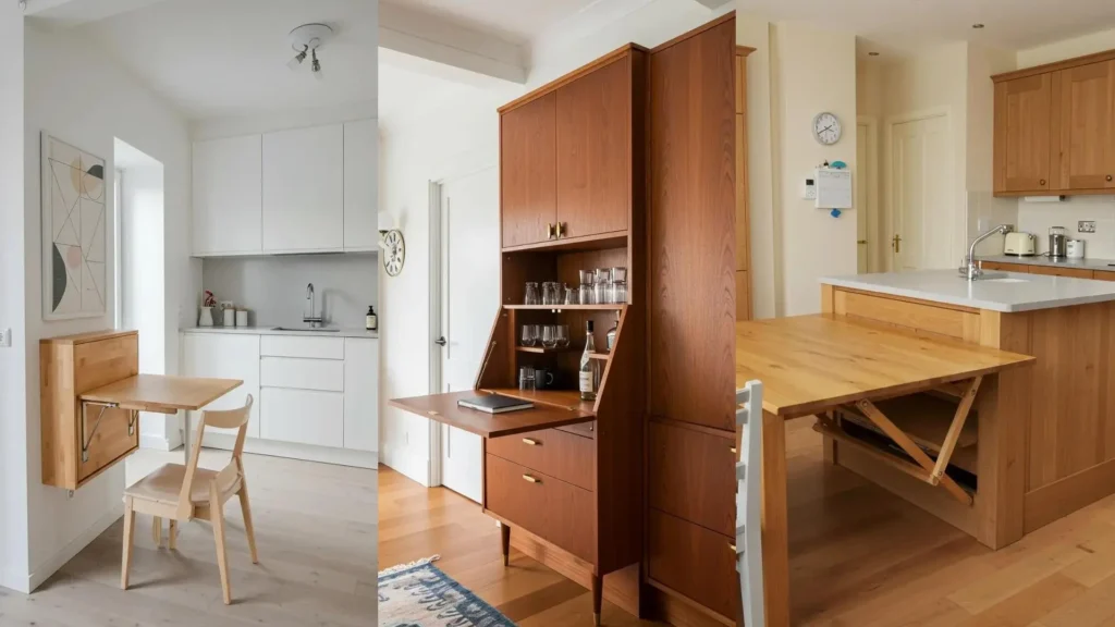 Muebles plegables modernos en cocinas abiertas: mesa, bar y extensión de isla. Soluciones versátiles para cada rincón.